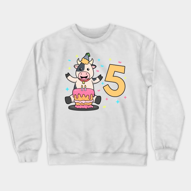 I am 5 with cow - kids birthday 5 years old Crewneck Sweatshirt by Modern Medieval Design